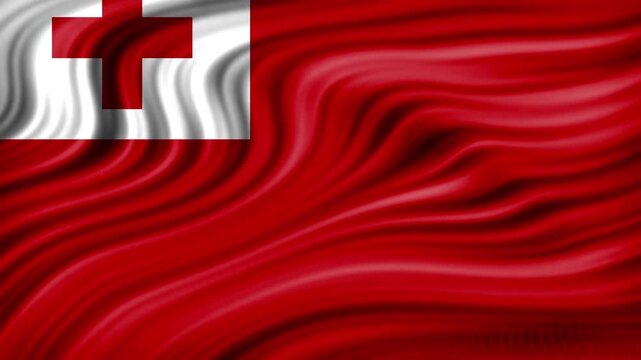 Waving flag of tonga, a polynesian kingdom in the south pacific ocean, featuring a red field with a white canton containing a red cross