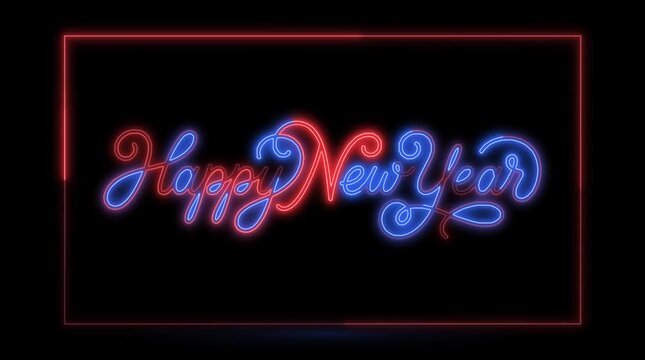 Neon happy new year sign with glowing blue and red script lettering on a dark black background