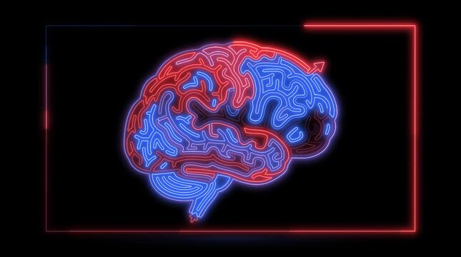 Neon glowing brain maze illustration with a path highlighted in red on a black background