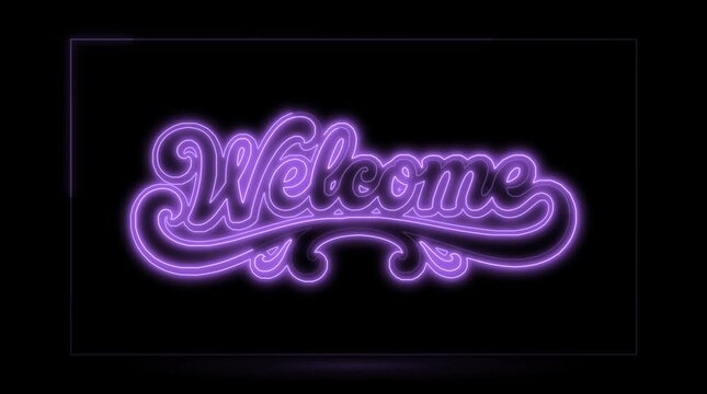 Purple neon sign with the word welcome in a cursive script font on a dark background