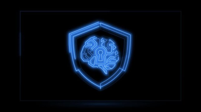 Neon glowing shield icon with a digital brain and keyhole symbol representing artificial intelligence security