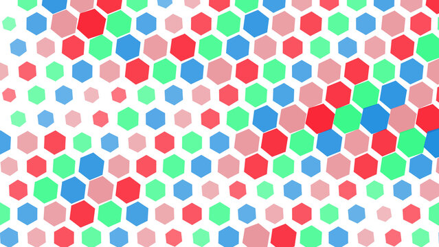 Abstract background, with colorful hexagon, shapes, geometric pattern, of red, green, blue, and pink, hexagons on a, solid black background, flat style isolated on a transparent background
