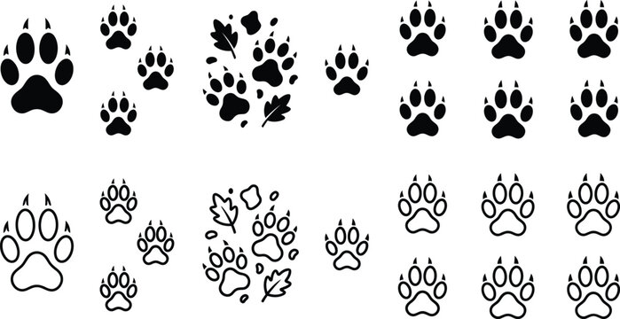 Dog and wild animal paw trail icons, claw prints, autumn leaves footstep path, hunting track vector collection