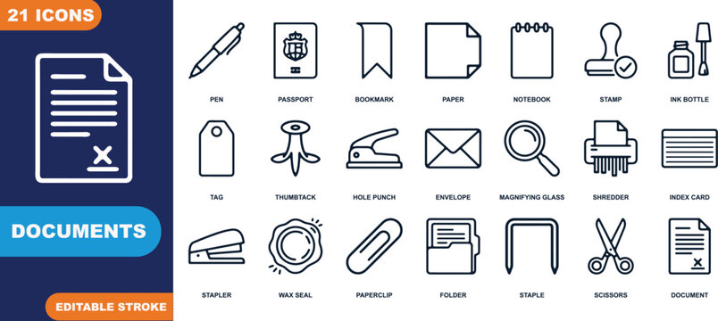 Office Supply Icons Set: A comprehensive collection of clean, modern line icons representing essential office supplies and documents for business and administration.
