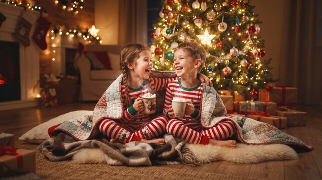 Joyful siblings in pajamas sharing hot chocolate by a decorated Christmas tree and fireplace