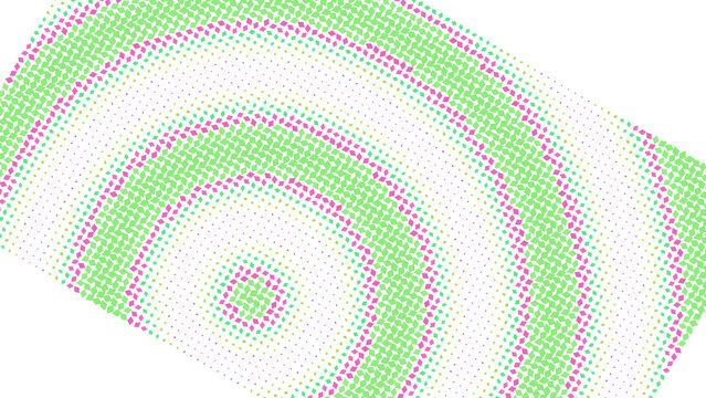 Abstract background, with concentric circular, waves of green, and pink halftone, dots arranged in, a repeating pattern, on black isolated on a transparent background