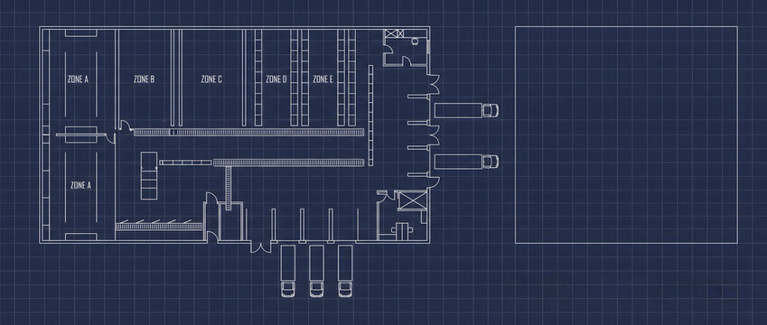 Warehouse layout blueprint with designated zones and loading dock for transportation logistics