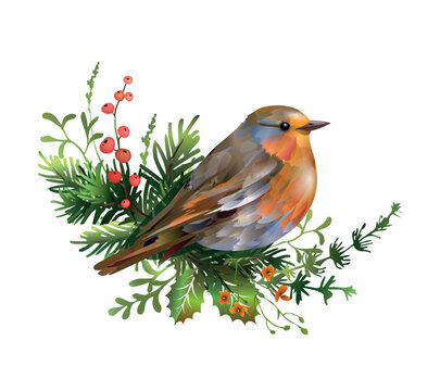 Christmas European robin bird perched on a small pine garland with red berries. Vector illustration isolated on white background.