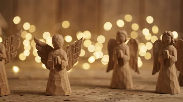 carved wooden angel figurines standing on rustic table with warm bokeh lights in background. christian nativity and christmas holiday decoration. greeting card, winter festive concept