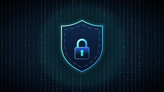 Luminous blue cybersecurity shield lock centered over binary code matrix in dark digital cyberspace