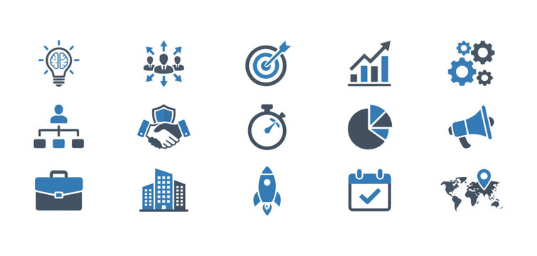 Collection of sixteen minimalist business and productivity icons including lightbulb chart target handshake clock with lightbulb icon gear icon briefcase ico