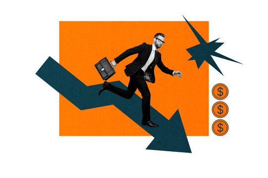 Composite photo collage of serious guy run arrow down bankrupt inflation failure problem briefcase dollar isolated on painted background