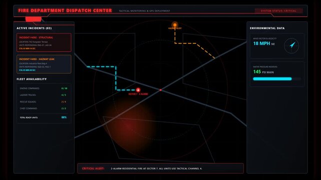 Futuristic Fire Department Dispatch Center Interface Displaying Real Time Emergency Incident Data