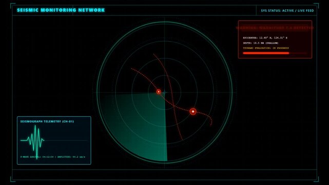 Seismic Monitoring Network Interface Showing Earthquake Detection Data on a Digital Radar Screen