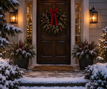 A front door with a natural wreath, two lanterns and fresh snow, with no house number or readable sign for Christmas marketing
