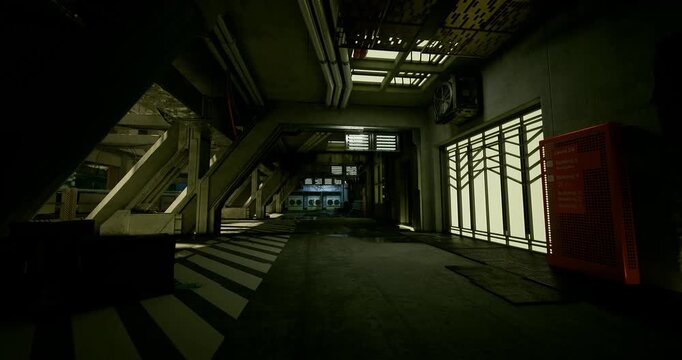 service tunnel near reactor lined with heavy cable looms and safety signage, industrial glow from vented panels and textured metal surfaces