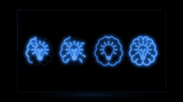 Neon blue brain icons with light bulbs representing creative thinking, innovation, and brainstorming ideas