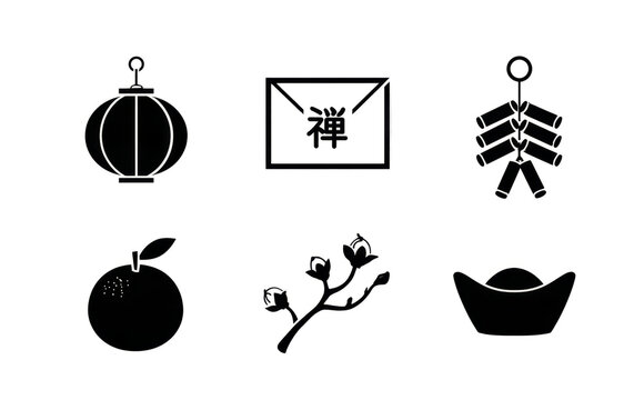 Six Chinese New Year Stencil Icons in Black