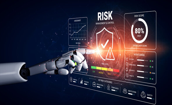 A futuristic robot hand interacts with a risk management interface, displaying visual metrics for analytics, safety levels, and performance monitoring in a digital environment. Nascent