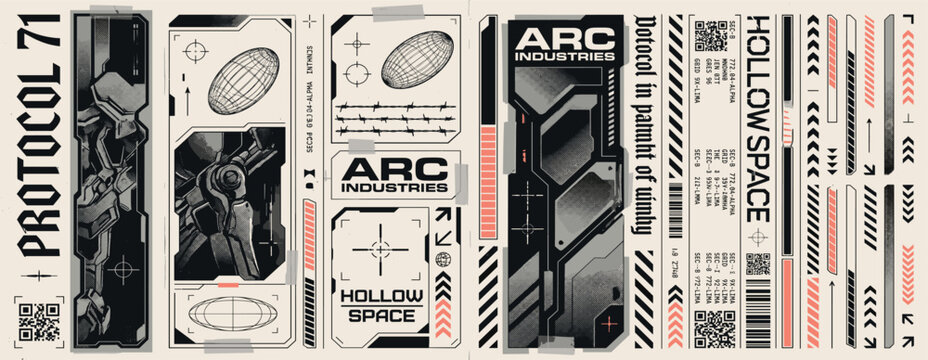 Retro futuristic industrial labels, cyberpunk aesthetics decals. Fake product sticker, cargo label, packaging tags with barcodes and technical symbols, brutalism sci-fi tech stickers vector set