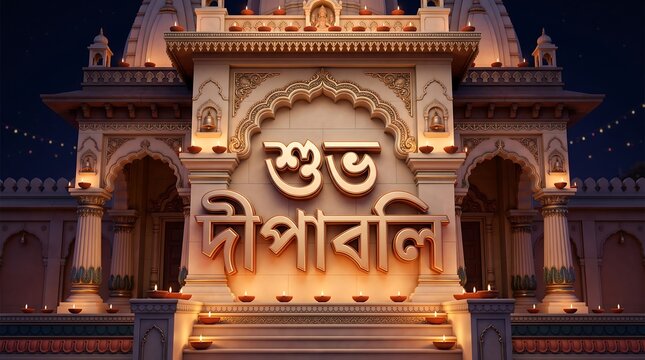 Beautifully lit diwali greetings and traditional indian architecture at night