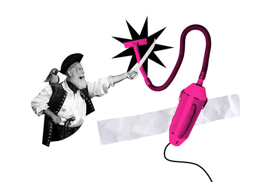 Creative sketch collage of angry man pirate hold saber fight vacuum cleaner household chores hold parrot shoulder piracy