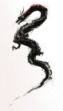 Chinese Dragon Black Ink Brush Painting on Textured Background