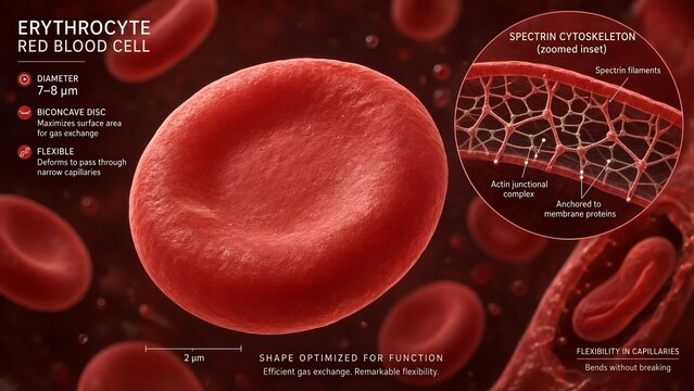 Mature red blood cell 3d model showing biconcave disc shape optimizing gas exchange and capillary flexibility with zoomed spectrin cytoskeleton network maintaining cell integrity