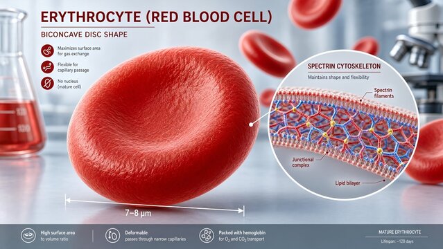 Detailed biological model of erythrocyte highlighting its biconcave morphology for maximal surface area and capillary passage alongside specialized spectrin cytoskeleton inset