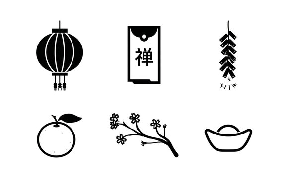 Chinese Lunar New Year Icon Collection with Six Symbols
