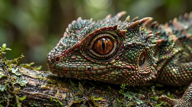 Macro Close Up Shot of a Spiky Lizard Head with Detailed Colorful Scales on Mossy Wood