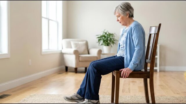 Elderly woman performing seated leg extension exercise in a bright room. Senior woman working out on a chair for mobility