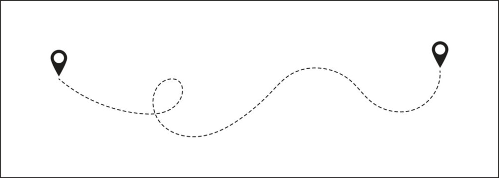 Dashed line path with red location pin markers showing a travel route or journey . Curved navigation direction line .Path travel dotted line trip dashed trace destination track plan and travelling .