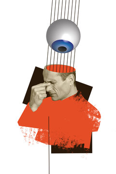 Trendy art creative vertical photo collage of puzzled man hold head migraine pressure eyeball stare freemason observer control