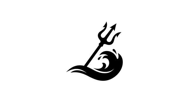 Black trident spear icon with ocean waves on white background