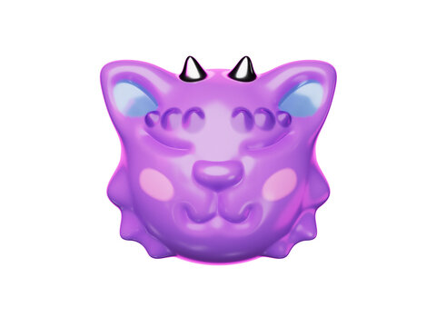 Cute purple cat head with closed eyes 3D render isolated on transparent background