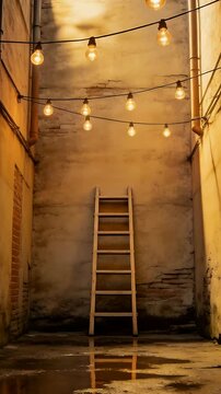 Vertical video: Standing ladder in narrow alley, breeze causing string lights and puddles shifting