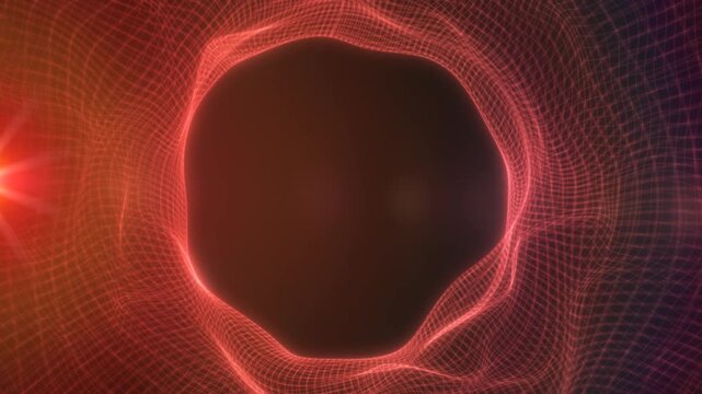 Radiant mesh surrounds dark central opening in flowing abstract animation. Red digital pattern subtly changes shape, offering striking science themed backdrop with intricate glowing contours.