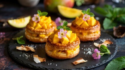 Naklejka premium French cuisine. Mango vol-au-vents. Crispy hollow pastry baskets filled with delicate cream and diced ripe mango.