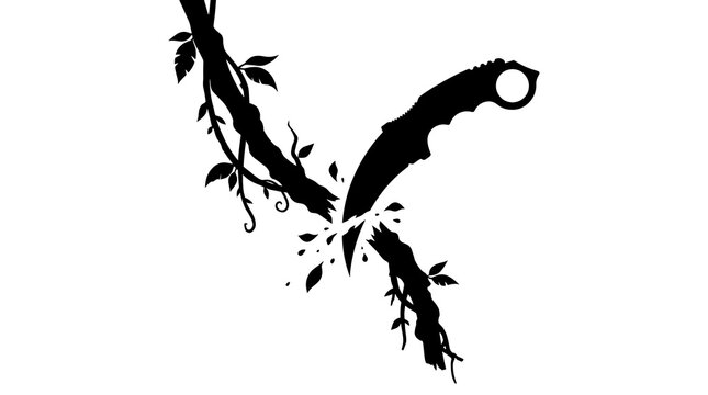 Tactical karambit knife silhouette cutting through a jungle vine