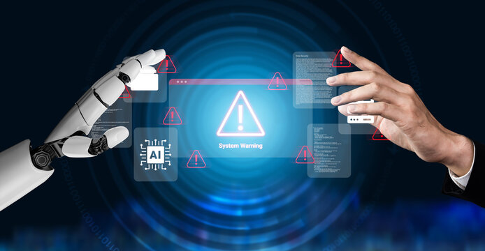 A robot hand reaches out to a human hand in a digital space, highlighting a central warning about system alerts, showcasing the interaction between technology and humanity. Cyphers