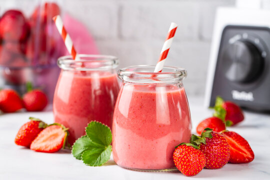 Strawberry smoothie or milkshake drink.