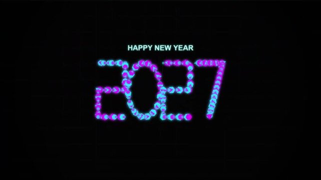 Transisi halus antar bentuk geometris minimalis yang secara bertahap membentuk ucapan 'Happy New Year 2027' dengan gaya futuristik. 