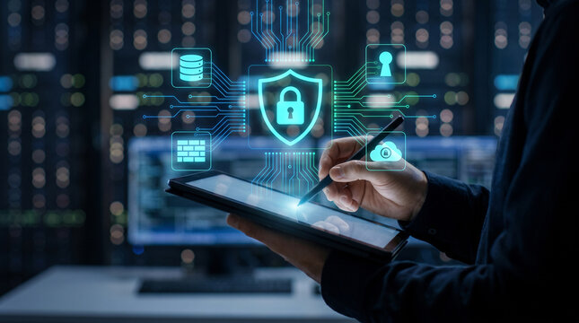 Digital security expert examining a shield-shaped security icon on a tablet surrounded by floating data icons.
