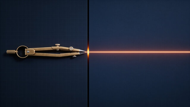 Conceptual flat lay photography featuring a precision golden drafting compass resting on a dark gridded surface, emitting a bright glowing orange light beam across the frame.