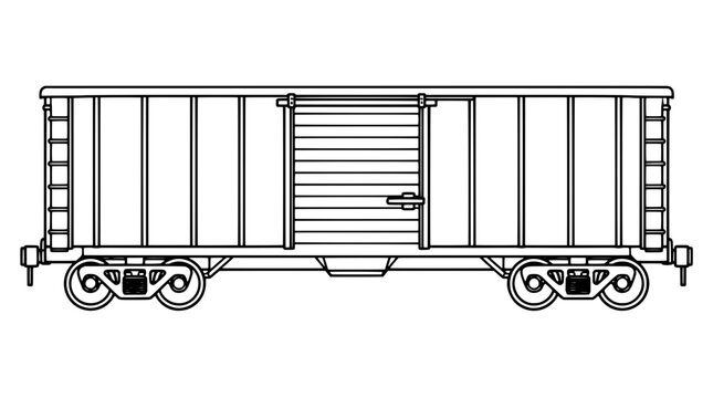 Black outline vector icon of a freight railway boxcar with sliding side door, vertical ribs, ladders at both ends and four wheel bogies drawn in thin technical lines on plain white background
