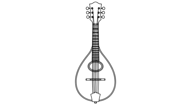 Thin black line vector icon of a teardrop mandolin with eight tuning pegs, fretted neck, oval soundhole and cross bridge, drawn with outlines in vertical centered composition with symmetrical strings