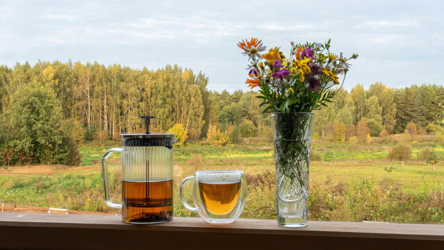 Steaming infused tea rests peacefully inside clear glass cup beside classic french press maker and charming vase of wild autumn blossoms against panoramic view of rural nature