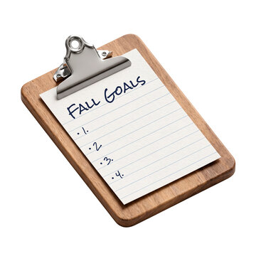 Wooden clipboard with lined paper displaying handwritten text Fall Goals and numbered list PNG Isolated on transparent background