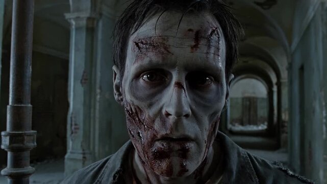 Man in scary zombie makeup turning head to look at camera. Horrifying creature portrait in dark abandoned hallway. Cinematic undead monster transformation scene